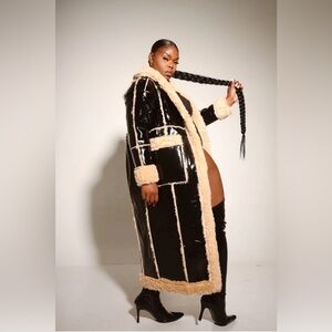Black Faux Shearling and Patent Jacket